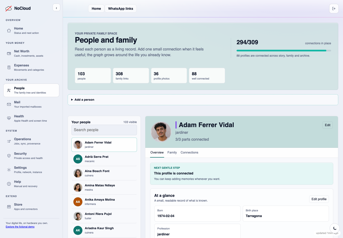 A read-first Family profile with relationships, a portrait and connected archive identities.